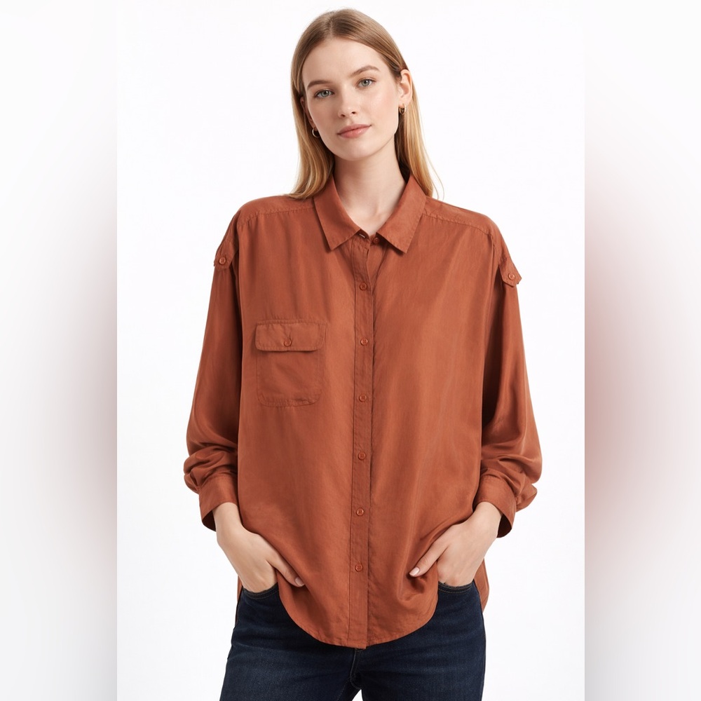 NWT Designer Rust Silk Button-Down Blouse | Luxury Oversized Collared Shirt